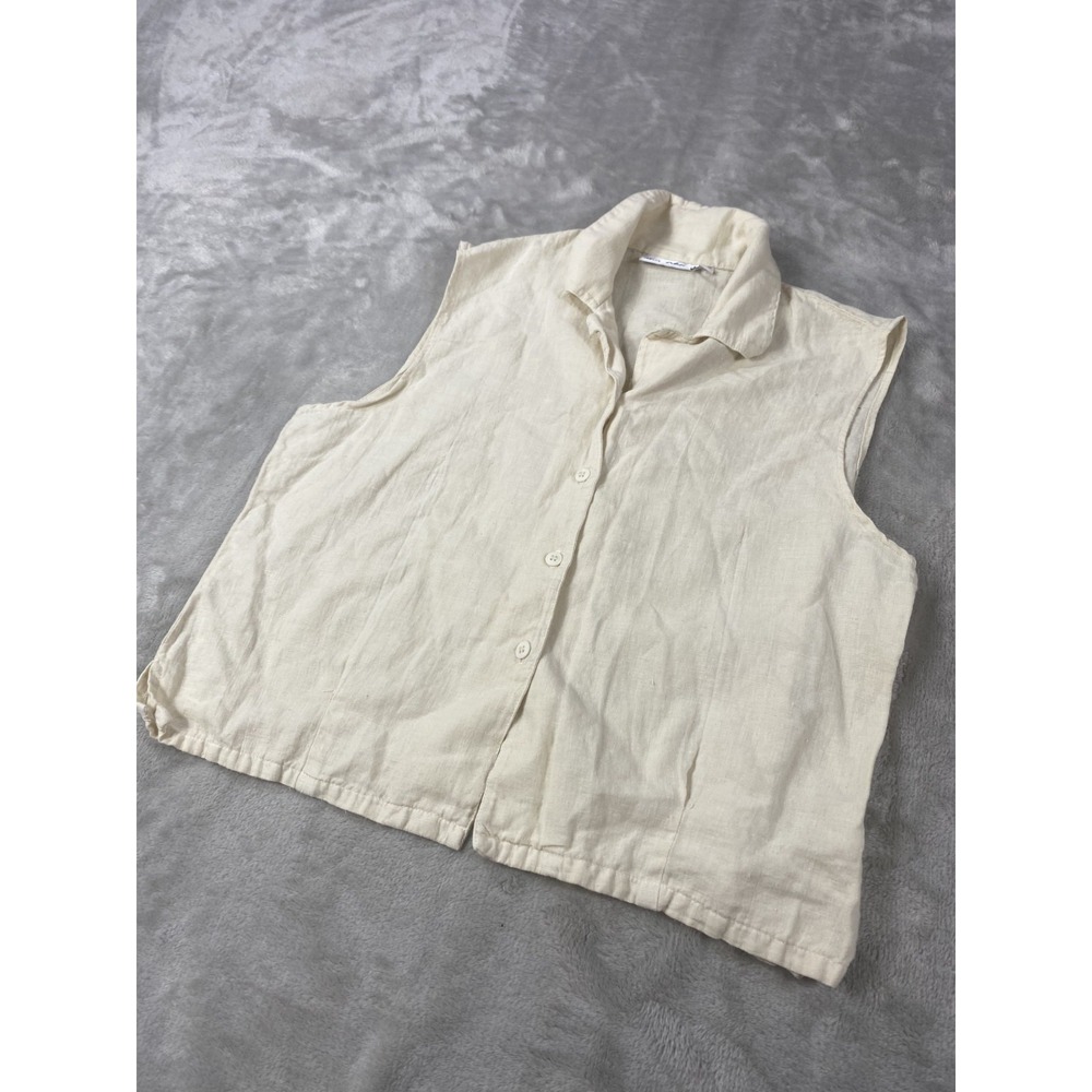 Vintage Sleeveless Shirt Womens XL Linen Blend Mix Chix 90s Y2K Collared Button - Picture 5 of 9